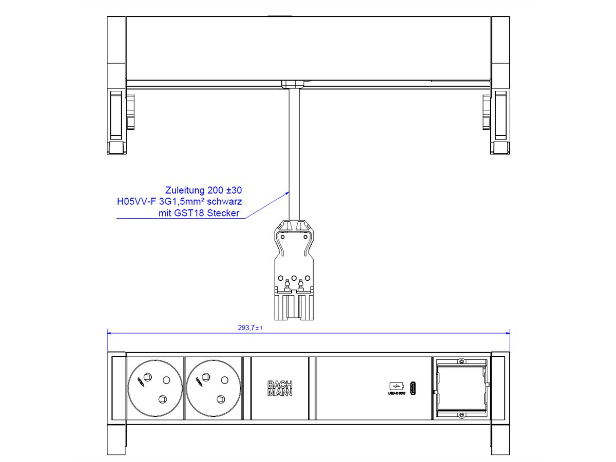 BACHMANN DESK2 2xUTE 1xUSB C 60W 1xCM 0.2m GST18 RAL9010