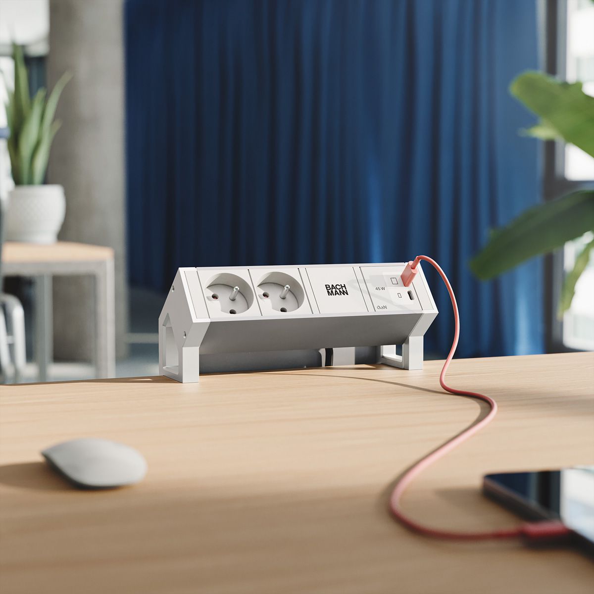 BACHMANN DESK2 ALU WHITE 2xUTE, 1x USB-C 45W, L=0.2m, RAL9010