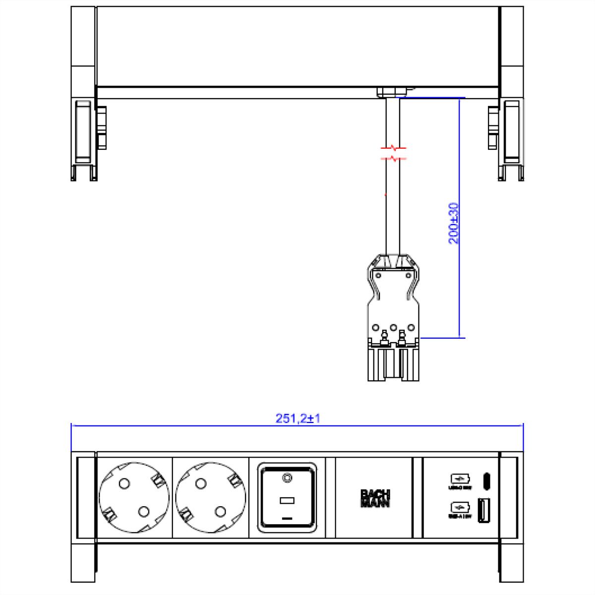 BACHMANN DESK2 ALU WHITE 2xCEE7/3 1xSwitch 1xUSB A/C 22W 0,2m
