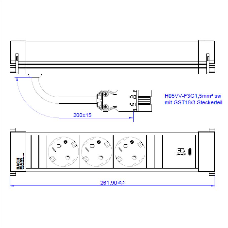 BACHMANN POWER FRAME M 3xCEE7/3, 1xUSB C 30W 0.2m GST18