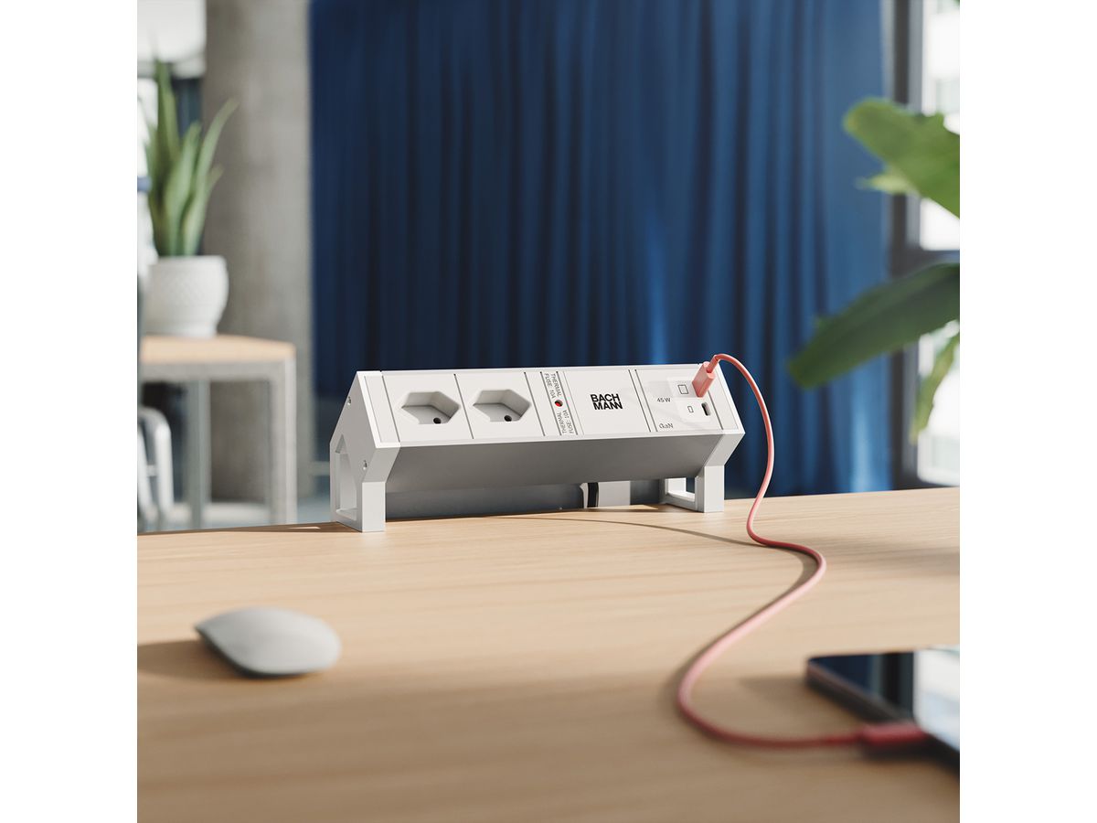 BACHMANN DESK2 ALU WHITE 2xCH 90°, 1xUSB C/C 45W L=0,2m RAL9010