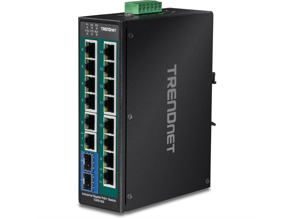 TRENDnet TI-PG162 16-Port PoE+ Switch DIN-Rail Industrial Gigabit