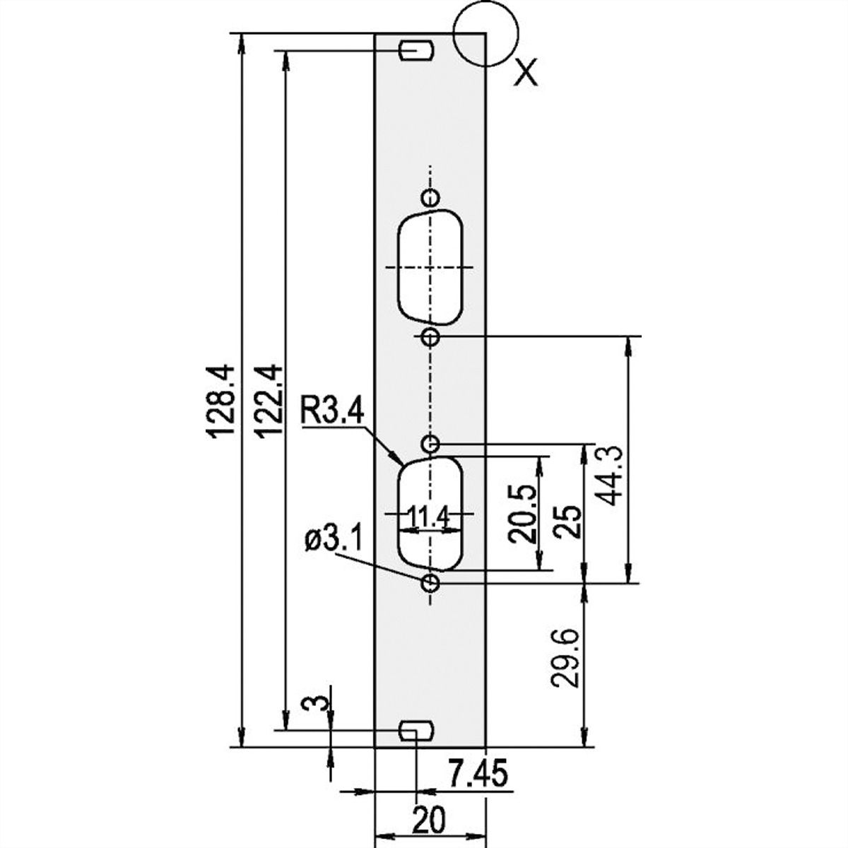 SCHROFF U-profile Front Panel, Shieldable, D-Sub Cutout, 3 U, 4 HP, 2 x 9 Pin, 2.5 mm, Al, Front Anodized, Rear Conductive
