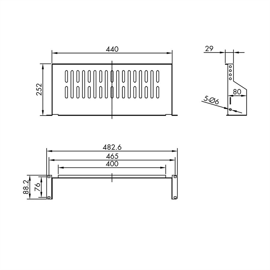 VALUE 19"-Legplank,  485 x 250mm, 2HE, max. 15kg, zwart