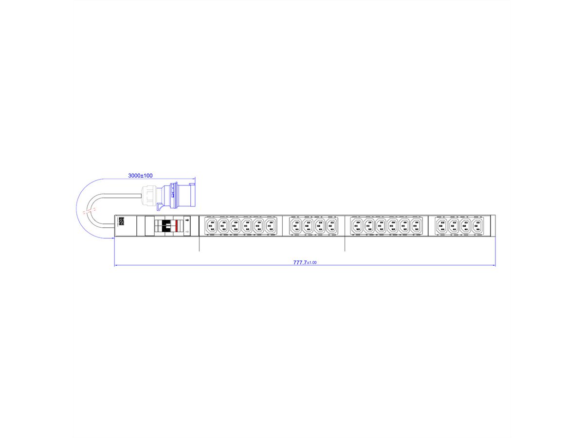 BACHMANN IT PDU ALU 1HE 20x C13 2x stroomschakelaar CEE 32A blauw