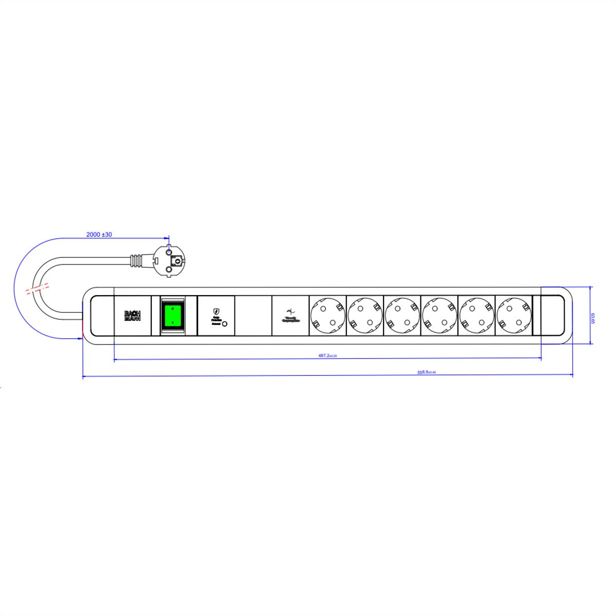 BACHMANN PRIMO 2 6xCEE7/3 1xGVS-Plus 1xswitch 2.0m CEE7/7