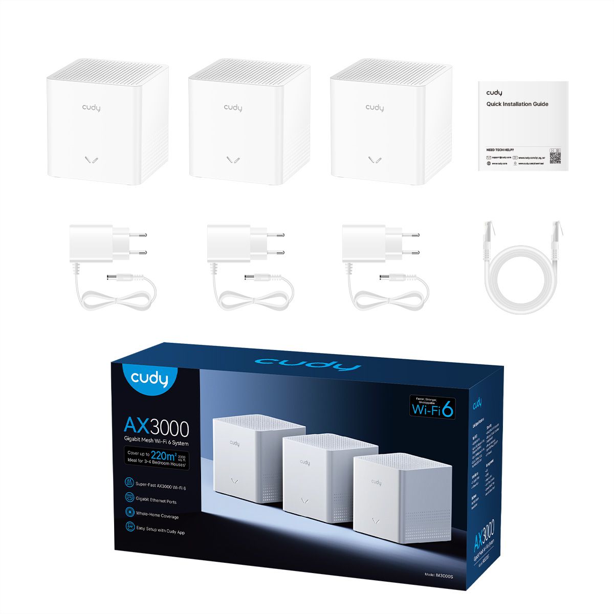 CUDY M3000S AX3000 Gigabit Mesh Wi-Fi 6 System, 3-Pack