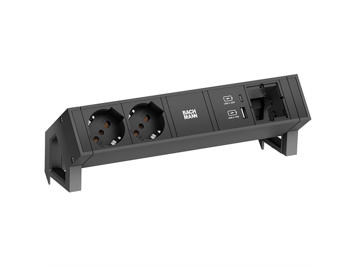 BACHMANN DESK2 2xP40 1xUSB A/C 22W 1xCM, 0,2m GST18 RAL9005 Italië