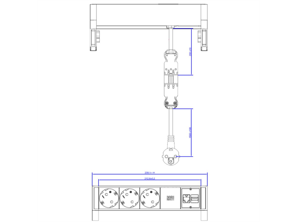 BACHMANN DESK2 3x aardingscontact, 1x CAT6 1x USB3 wit