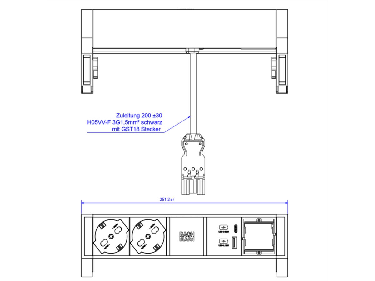 BACHMANN DESK2 2xP40 1xUSB A/C 22W 1xCM, 0,2m GST18 INOX Italië
