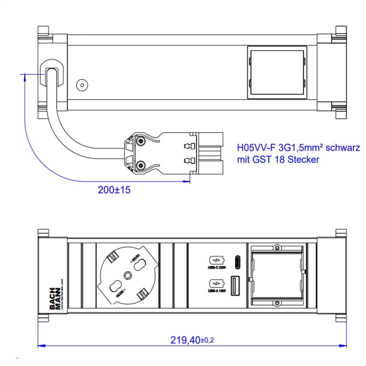 BACHMANN POWER FRAME S 1xP40 USB A&C 22W, 1xCM 0.2m GST18 Italia