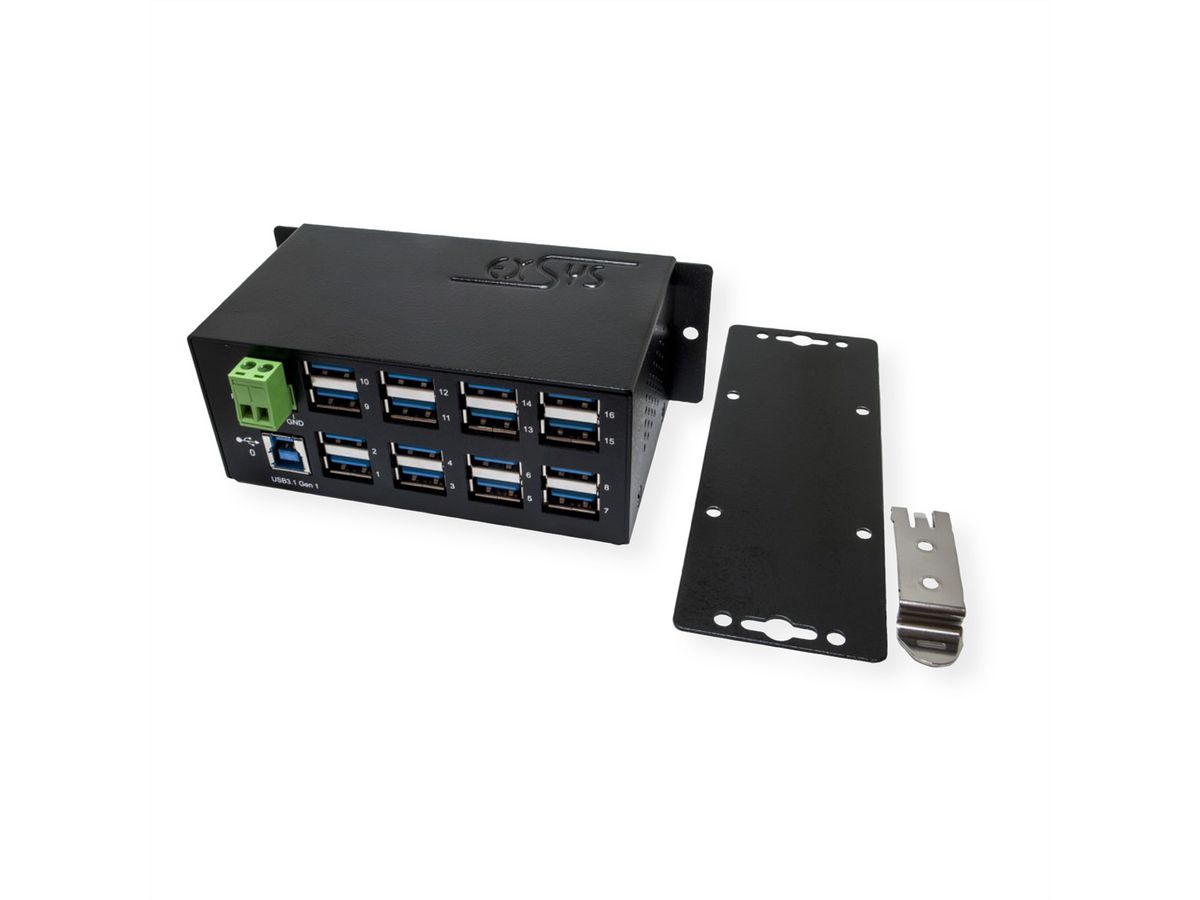 EXSYS EX-1113HMS 16-poorts USB 3.0/3.1(Gen1) HUB Din-Rail-Kit 15KV ESD-overspanningsbeveiliging