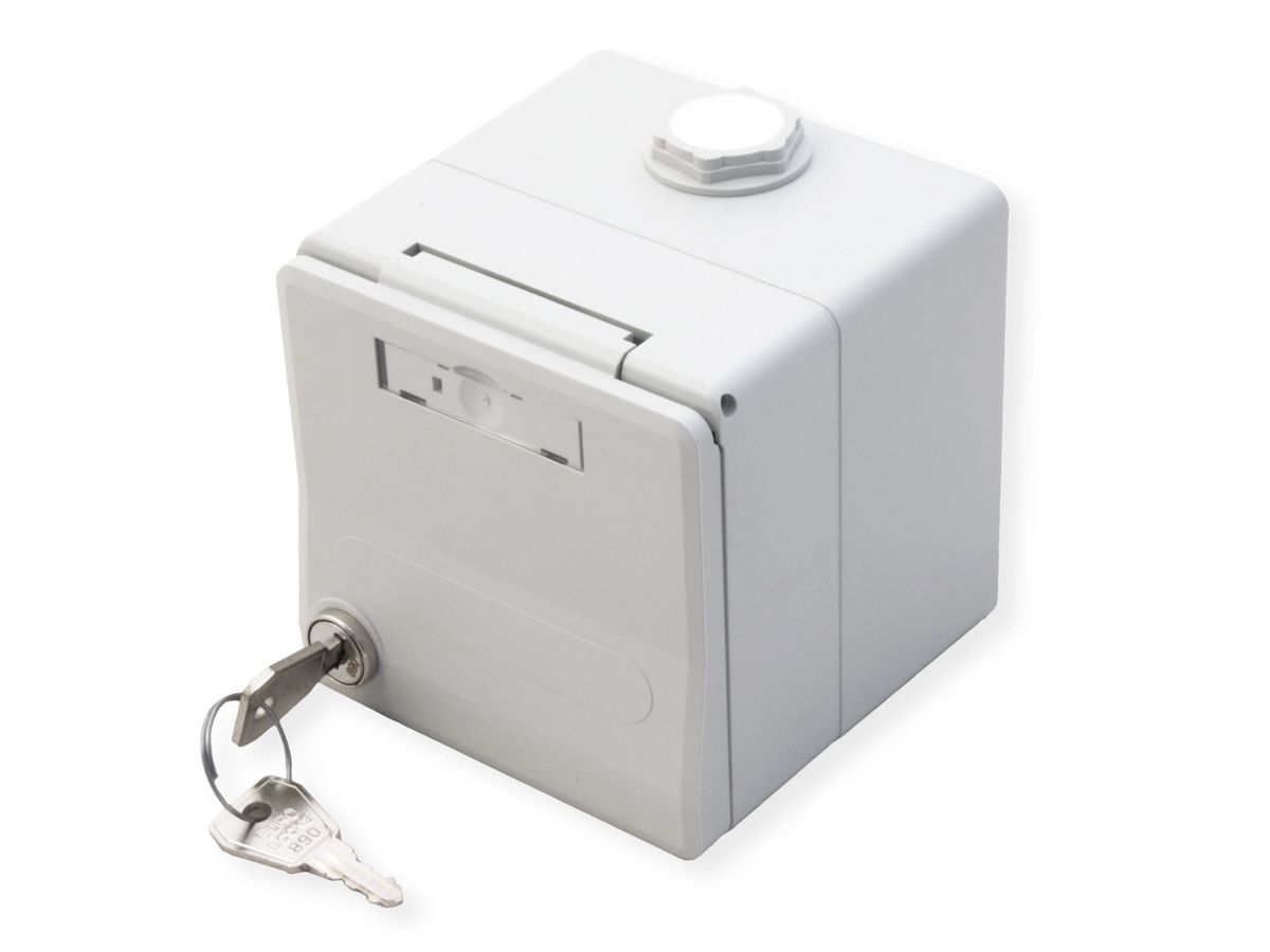 METZ CONNECT IP44 surface-mounted module housing, hinged cover & lock, 2 port unequipped for Keystone, grey