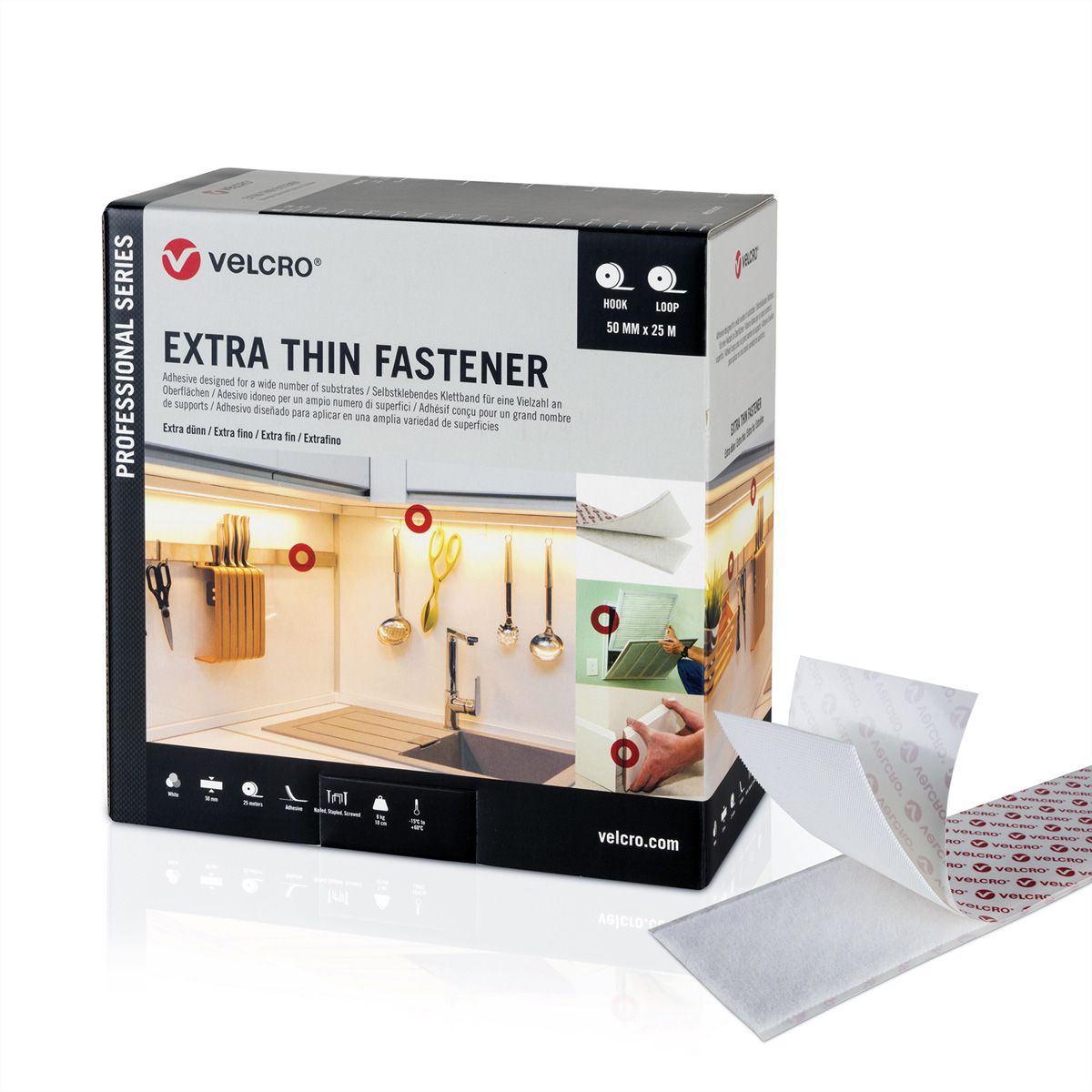 VELCRO® Extra Dunne klittenband 25m haakband 25m lusband, haak & lus 20mm wit
