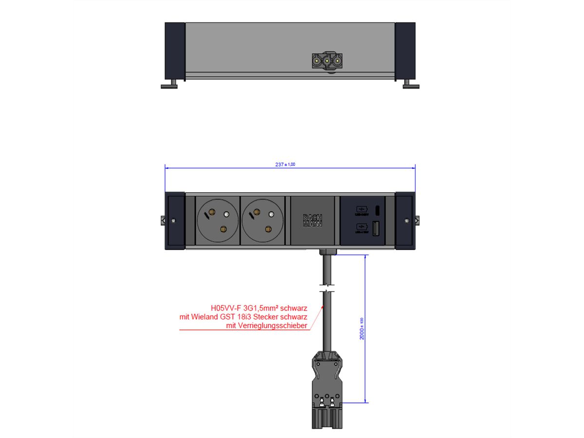 BACHMANN BUREAU 2xUTE 1xUSB A&C 22W 2,0m GST18