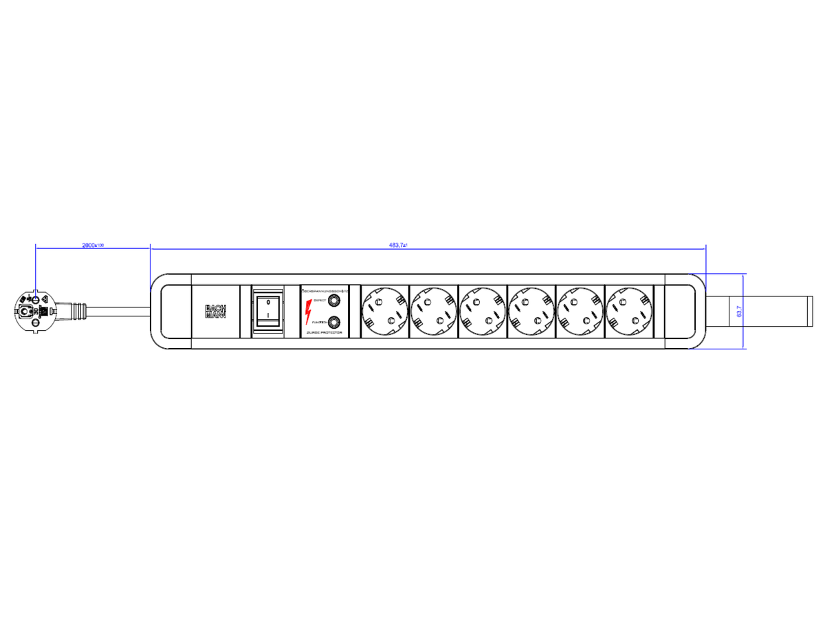 BACHMANN PRIMO 2 6xCEE7/3 1xSPD with loop 1xswitch 2m RAL5010