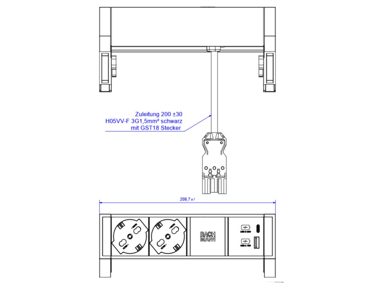 BACHMANN DESK2 2xP40 1xUSB A/C 22W, 0,2m GST18 INOX Italië