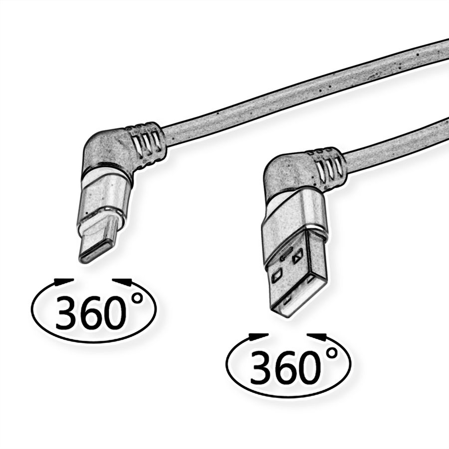 ROLINE 360° Rotation USB 2.0 Cable, C - A, M/M, 60W, Red Black, 2 m