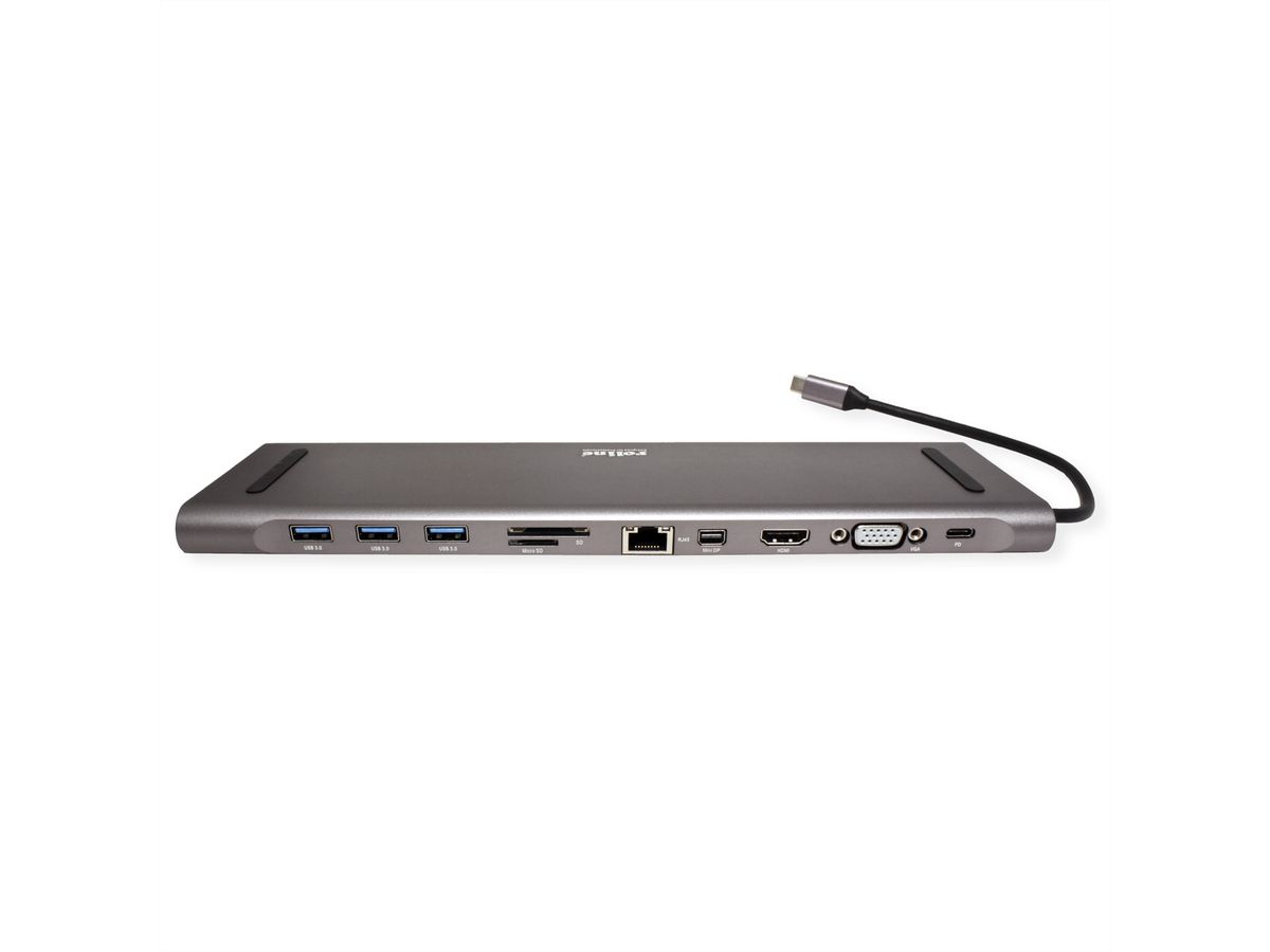 USB 3.2 Gen 2 Typ C Multiport Docking Station, 4K HDMI/Mini DP, VGA, 3x USB 3.2 Gen 1, 1x SD/Micro SD Card Reader, 1x USB Typ C PD (Power Delivery), 1x Gigabit Ethernet, 1x 3.5mm Audio