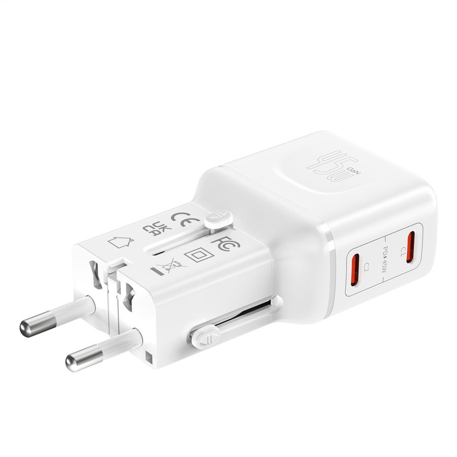 VALUE reisoplader met platte Euro/UK/US stekker, 2 USB-C-poorten, 45 W