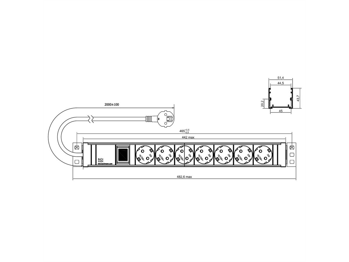 BACHMANN 19" 1,5U 7xCEE7/3 1xpower schakelaar 2,0m CEE7/7