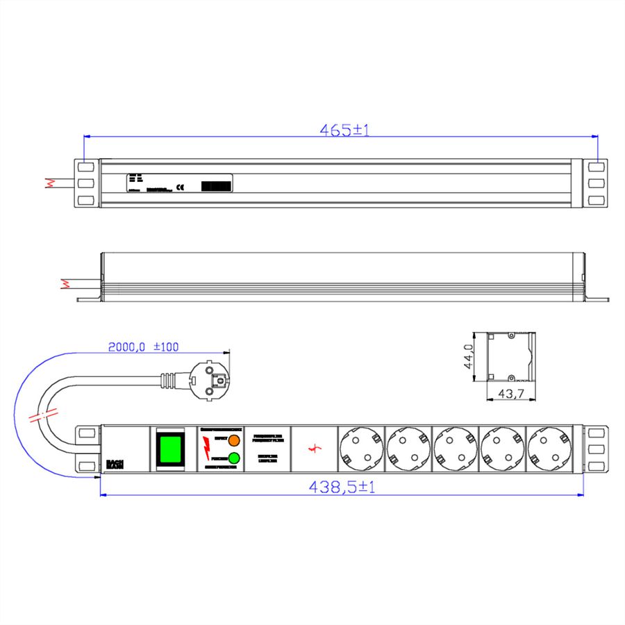 BACHMANN 19" socket strip 5-way with GVS with switch