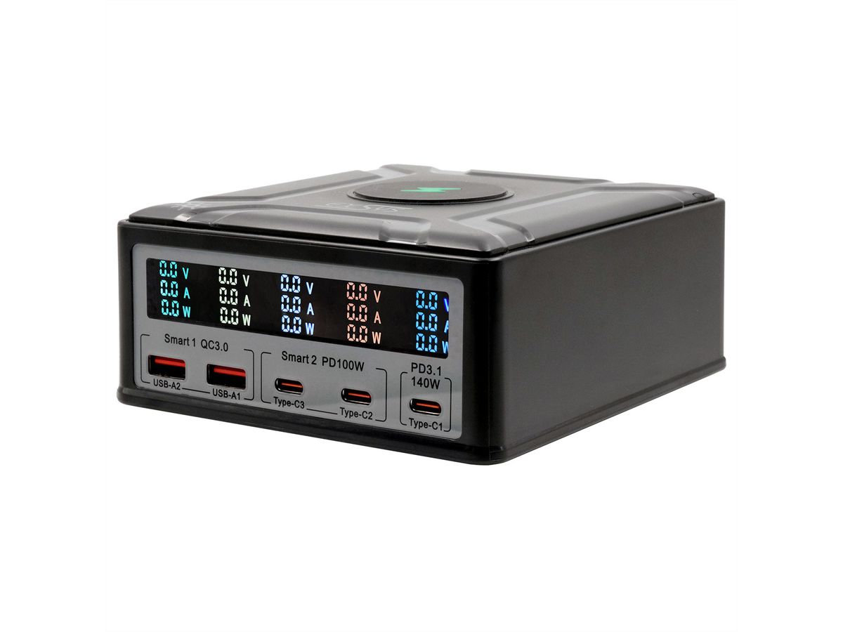 EXSYS EX-1107 Multiport High Power Charger mit QI 15W und USB-C PD mit max. 260W