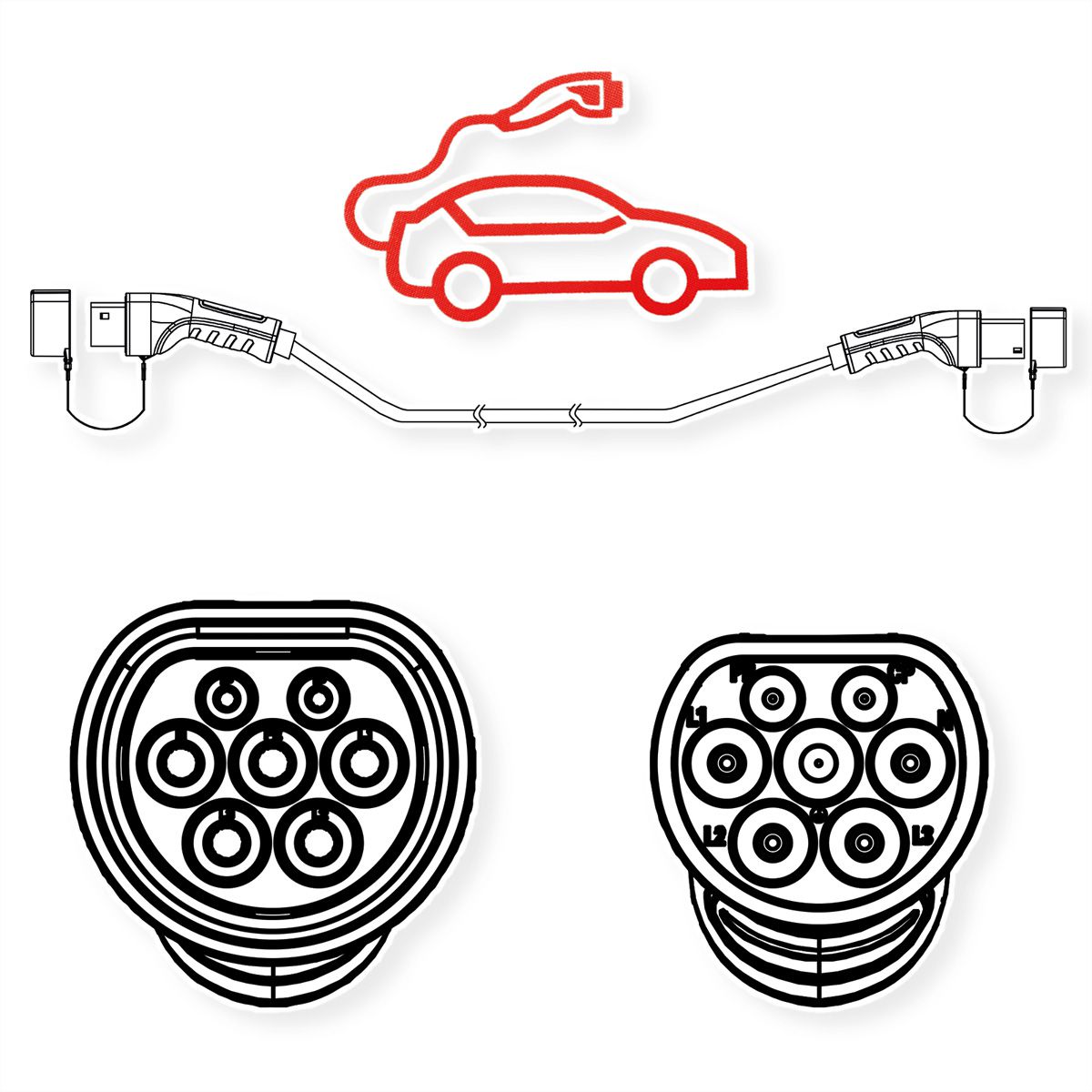ROLINE EV Charging Cable Assembly Type2, 1-Phase, 250VAC (1P+N+E), 32 A, 7.4 kW, 3 m