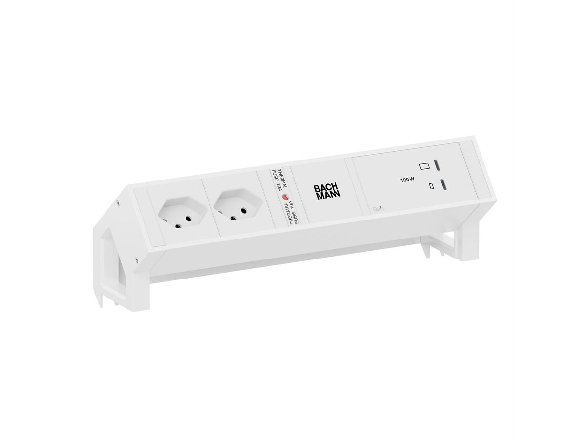BACHMANN DESK2 white 2xCH 90°, 1x USB C/C 100W L=0.2m RAL9010