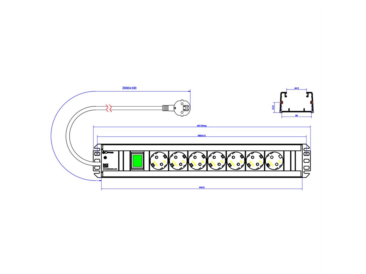 BACHMANN Craftsman socket strip 7x earthing contact, switch, 19-inch rack compatible, 2 m