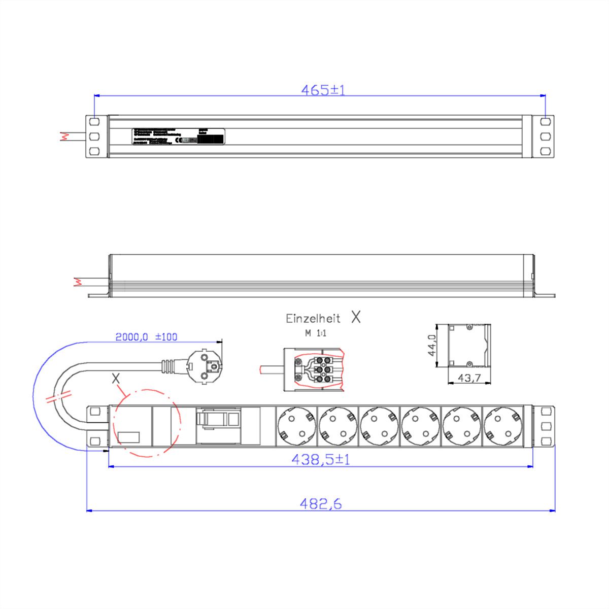 BACHMANN 19" 1U 6xCEE7/3 1xFI voeding 2,0m CEE7/7