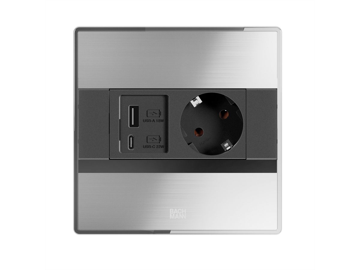 BACHMANN SENSE Edelstahl-Optik 1x CEE7/3, 1x USB A/C L=2,0m AEH