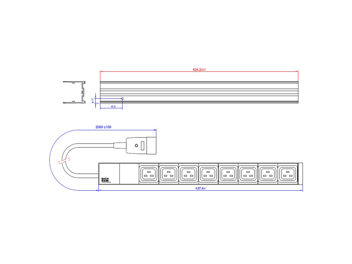 BACHMANN 19" socket strip, 8x C19 socket, C20 plug