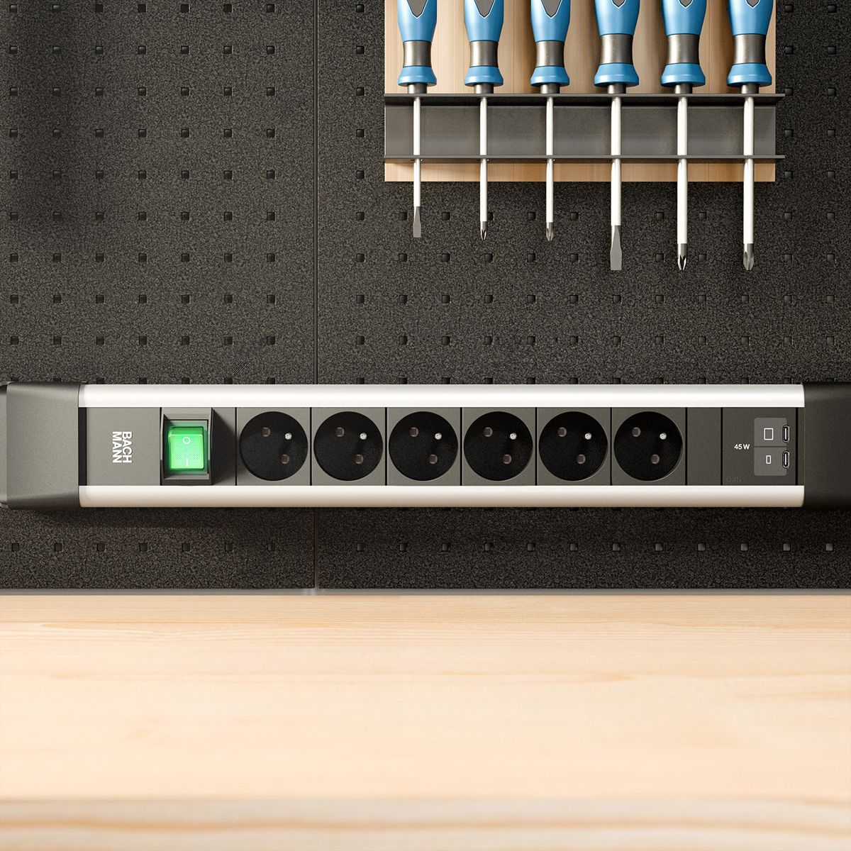BACHMANN CONNECTUS 6xUTE 1xSwitch, 1xUSB C/C 45W L=2.0m CEE7/7 grey