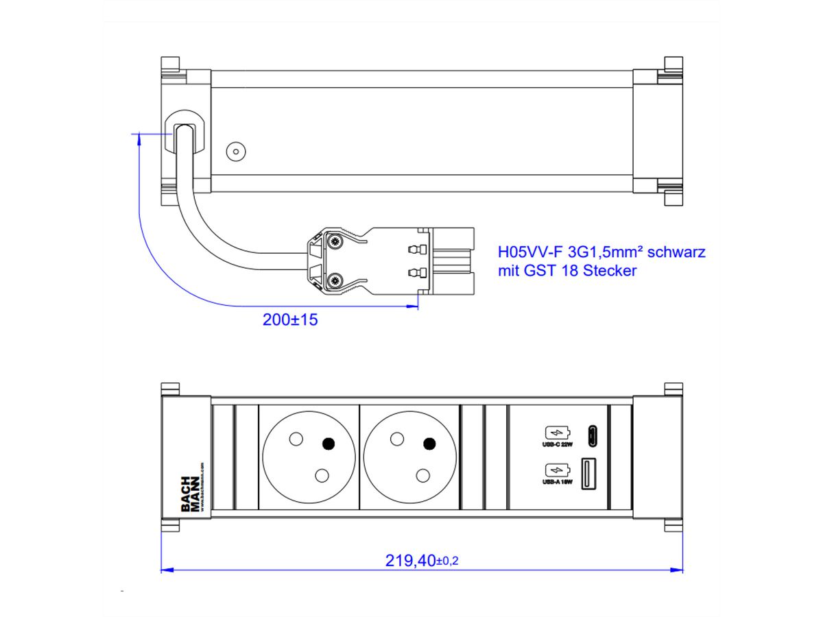 BACHMANN POWER FRAME S 2xUTE 1xUSB A/C 22W 0.2m GST18