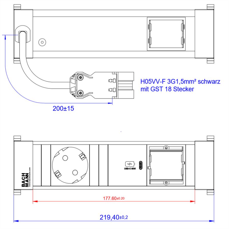 BACHMANN POWER FRAME 1xCEE7/3, 1xUSB C 30W 1xCM 0.2m GST18