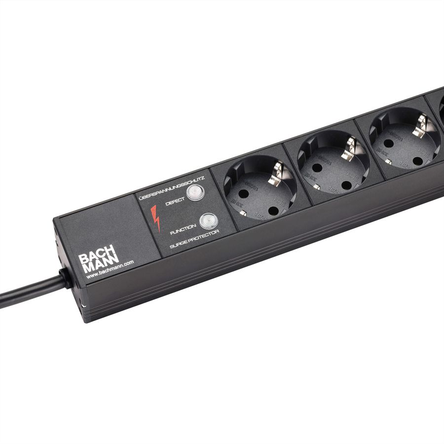 BACHMANN 19" socket strip 8-way with ÜS without switch, black