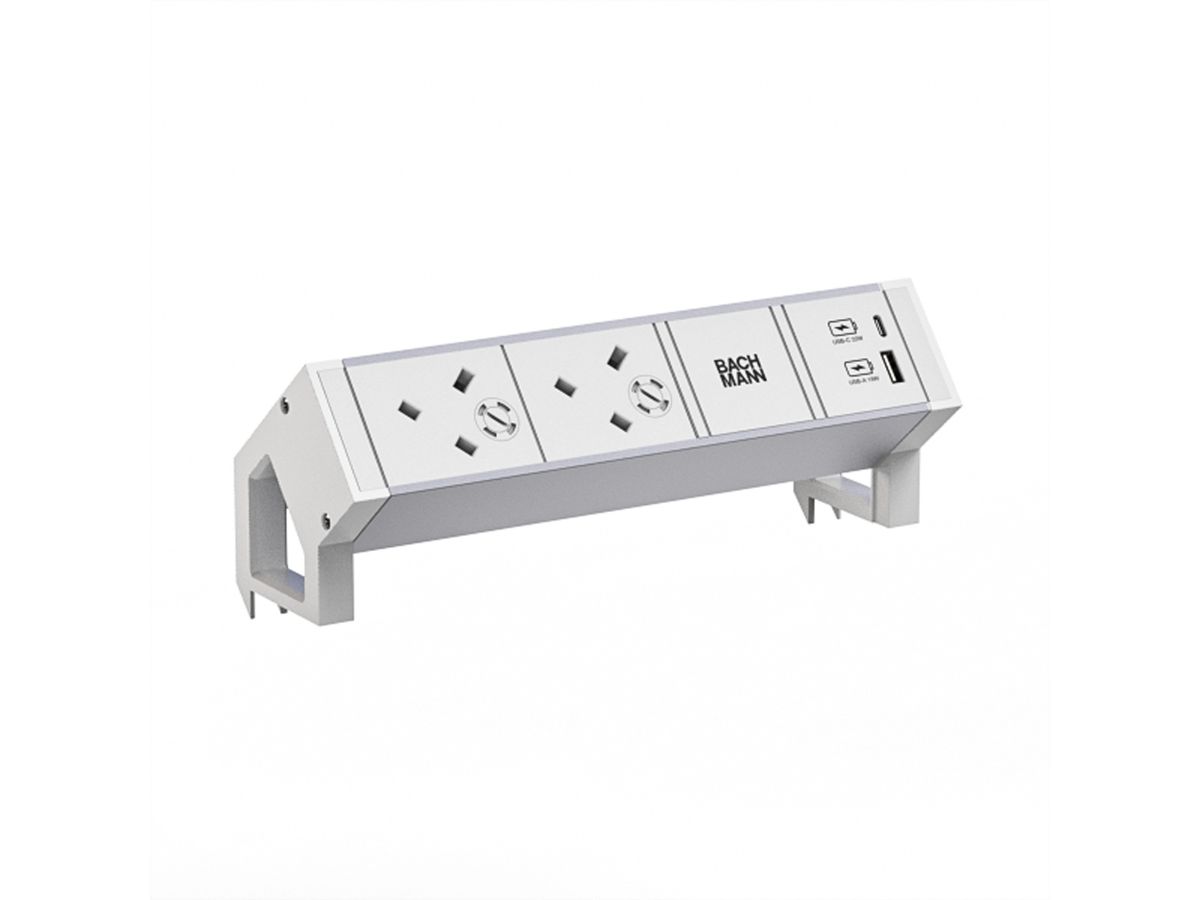 BACHMANN DESK2 ALU WHITE 2xUK 45°, 1xUSB A/C 22W 0,2m GST18