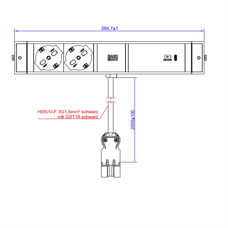 BACHMANN DESK RAIL 2xP40 1xUSB C 60W, 2.0m GST18 Italia
