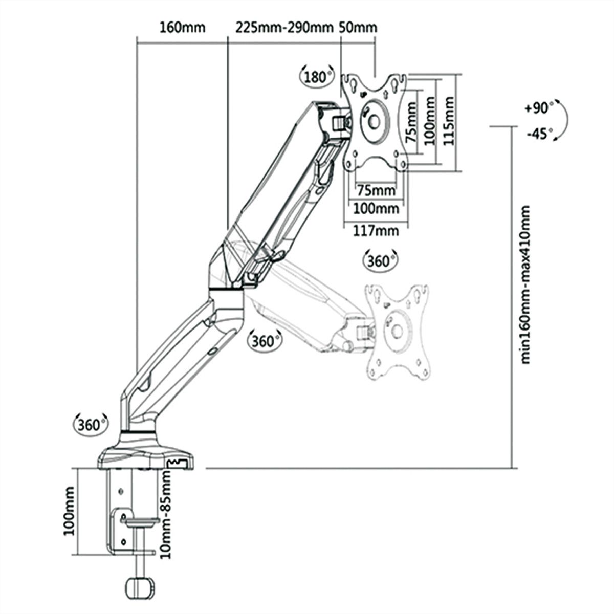 VALUE LCD Monitor Stand Pneumatic, Desk Clamp, Pivot, 5 Joints, black