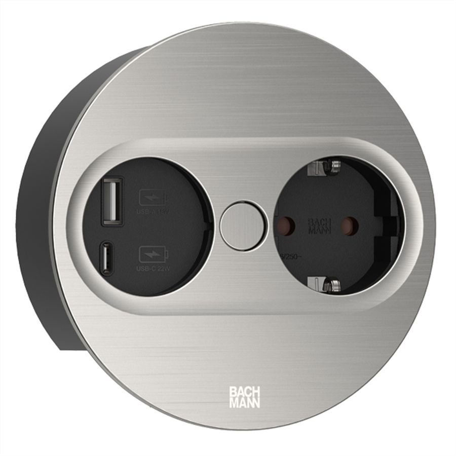BACHMANN TWIST 2 1xCEE7/3 1xUSB A/C 22W 2.0m AEH stainless steel look round