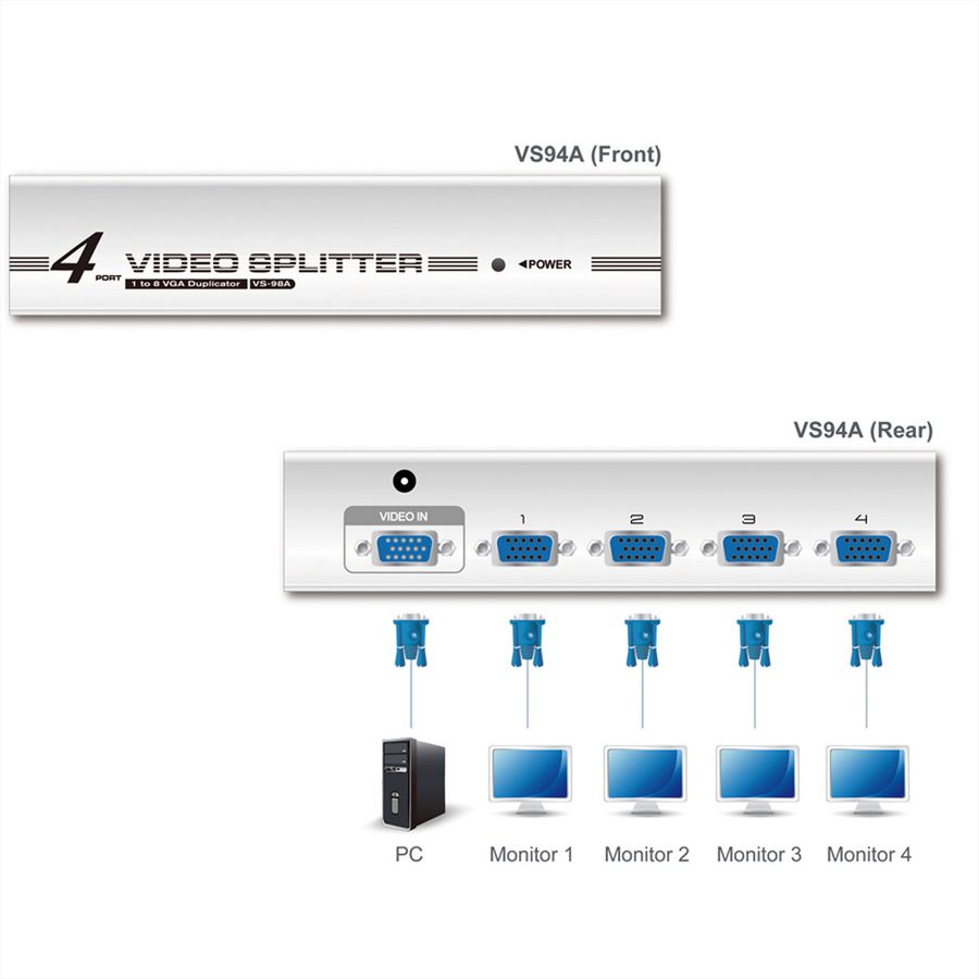 ATEN VS94A VGA Video Splitter, 350MHz, 4-voudig