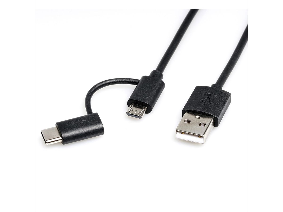 ROLINE Cable USB Micro B + Type C M/M to USB2.0 A M, OTG, black, 1 m