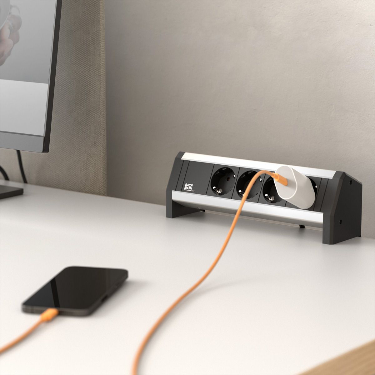 DESK 4x geaard contact met vaste aansluitkabel, zwart, 3 m