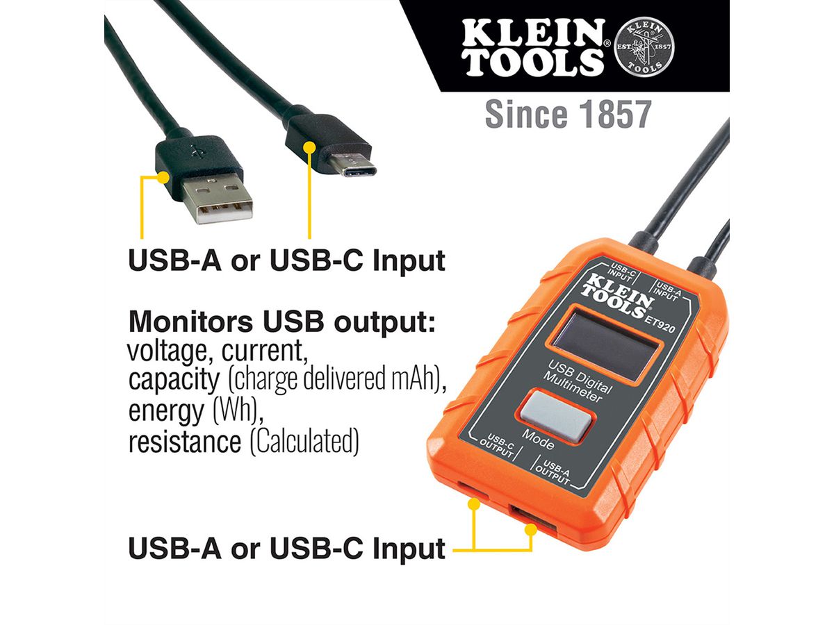 KLEIN TOOLS ET920 USB Digital Meter, USB-A and USB-C