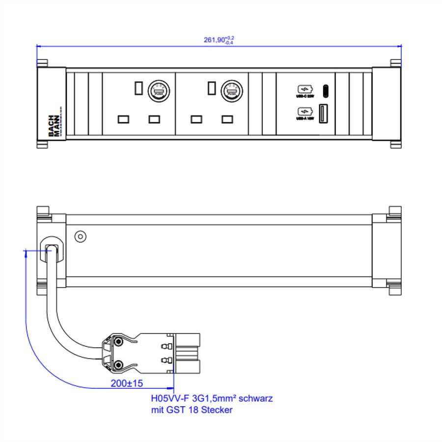 BACHMANN POWER FRAME M 2xUK, 1xUSB A&C22WCharger GST18 United Kingdom