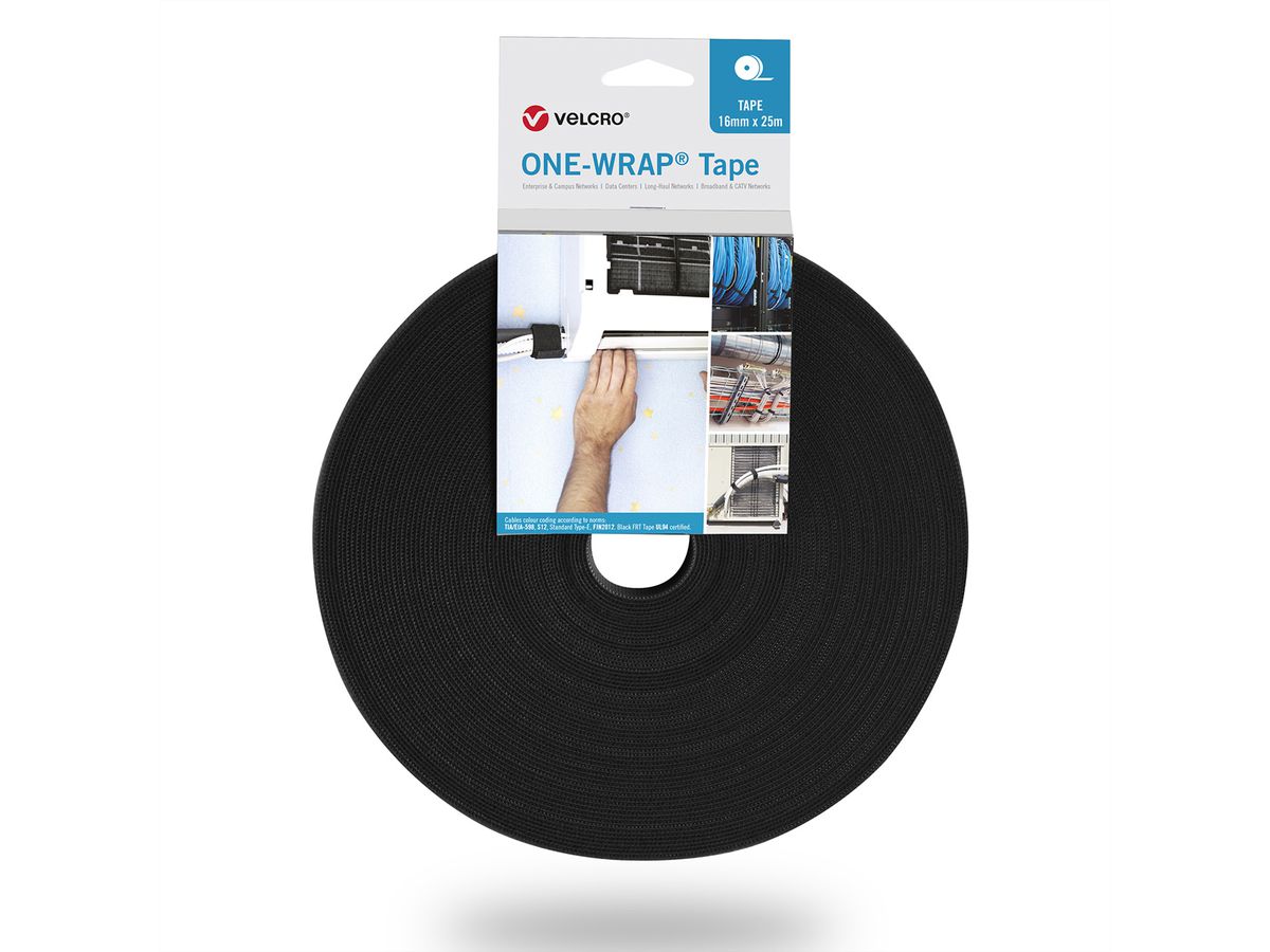 VELCRO® One Wrap® Tape 25 mm breed, vlamvertragend, zwart, 25 m