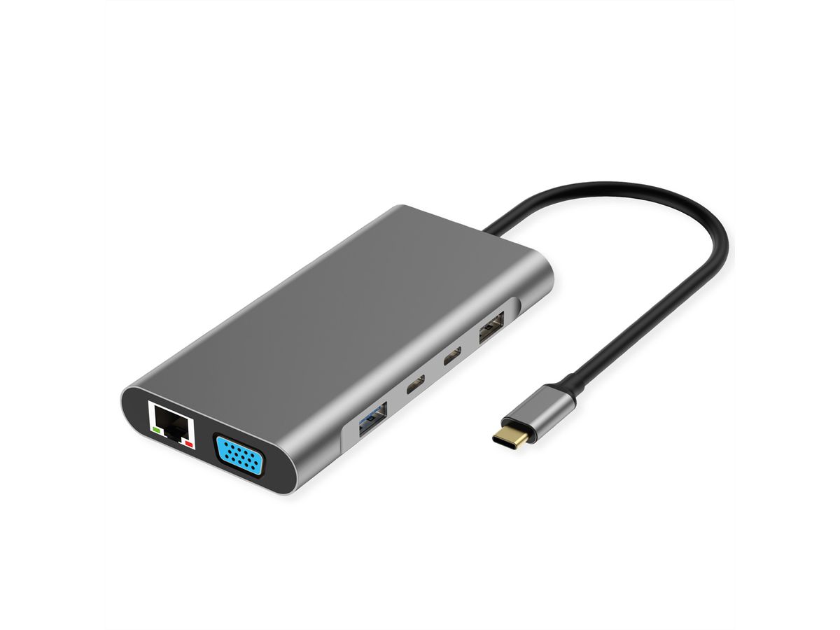 VALUE Dockingstation Type C, 1x HDMI 4K60, 1x HDMI 4K30, 1x DP 4K60, 1x VGA 1080P, 1x Gigabit Ethernet, 2x USB 3.2 Gen1 (C), 1x USB 3.2 Gen1 (A), 1x USB 2.0 (A), 1x Type C PD (Power Delivery)