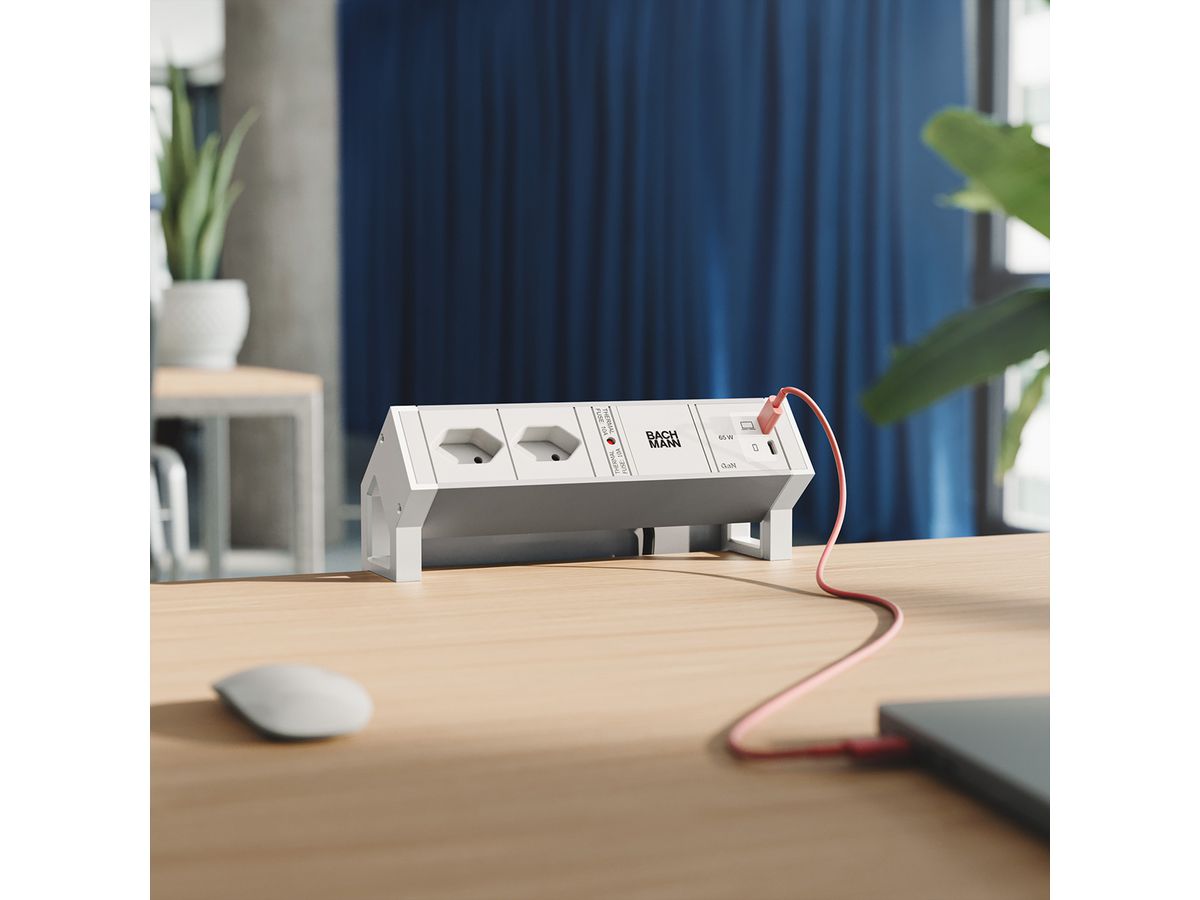 BACHMANN DESK2 ALU WHITE 2xCH 90°, 1xUSB C/C 65W L=0,2m RAL9010