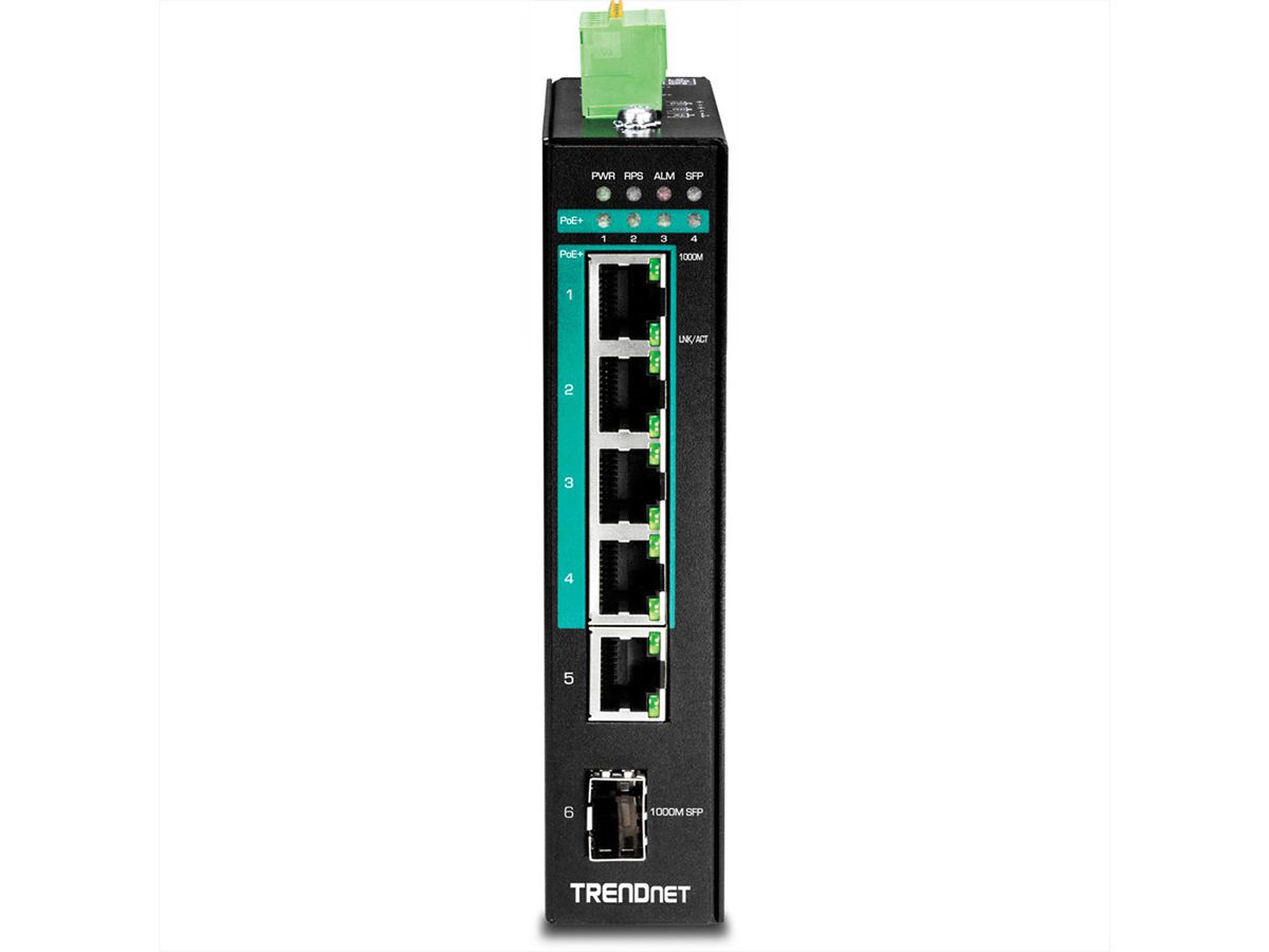 TRENDnet TI-PG541i 6-poorts Industriële Switch PoE+ Gigabit Layer 2 DIN-Rail